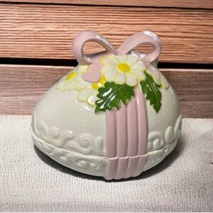 Egg Covered Ceramic Candy Dish w/ Lid Bow and Flowers Signed Dana 1980
